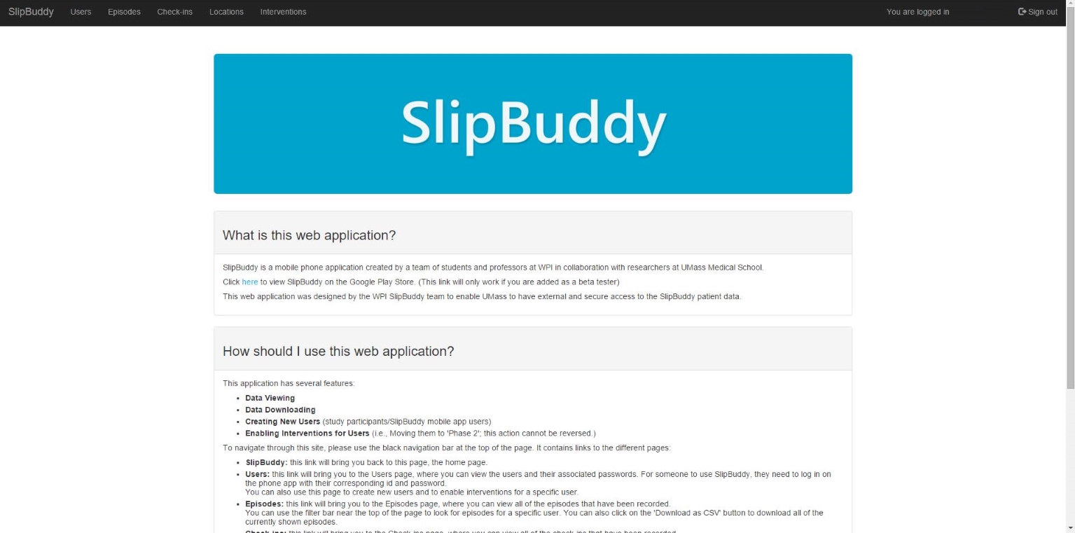 The main page for the SlipBuddy app.